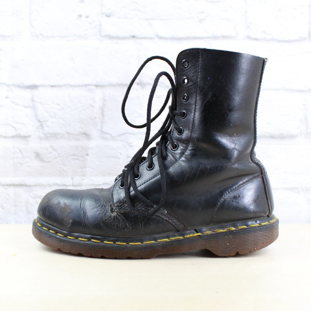 VTG! Dr. MARTENS Black Leather Lace Up Steel Toe C - Picture 1 of 8